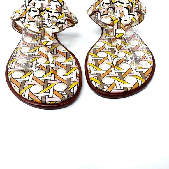 TORY BURCH Welt Pink Yellow Geometric Print Leather Miller Sandal Size 8.5 - Picture 2 of 11